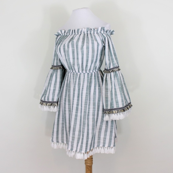 New Cotton Boho Fringe Stripe Dress Green White XS - Picture 3 of 7